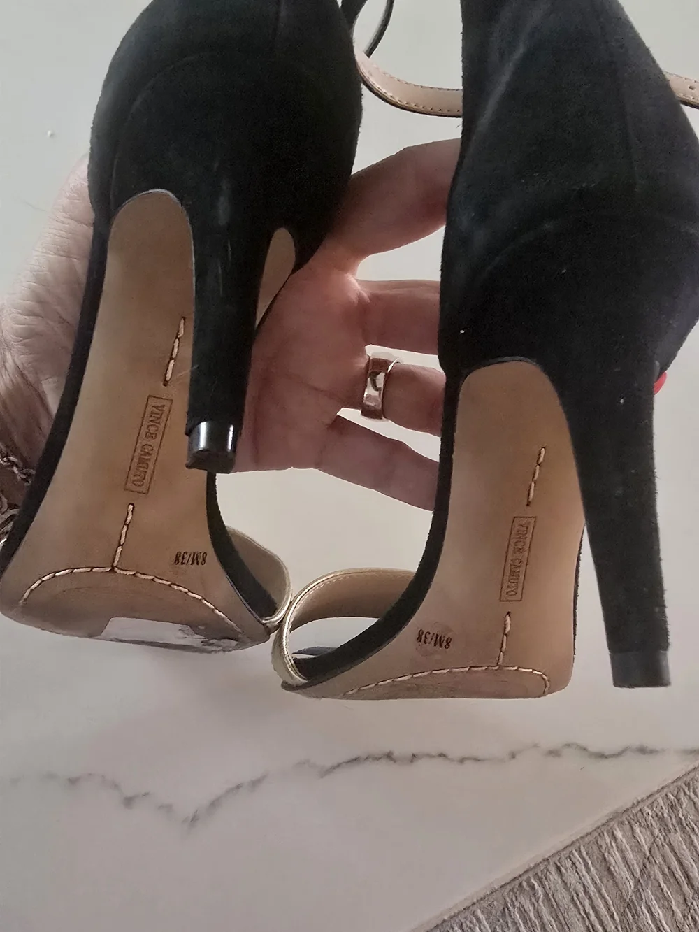 Vince Camuto Black and Gold Open-Toe Ankle-Strap Heels